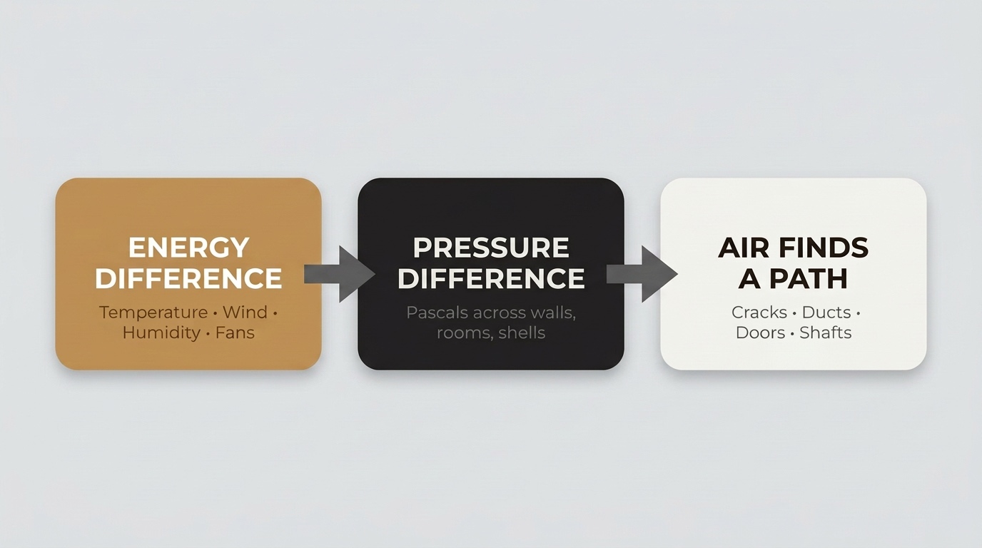Diagram illustrating the three drivers of imbalance: wind, stack effect, and mechanical systems, with the flow from energy difference to pressure difference to air path