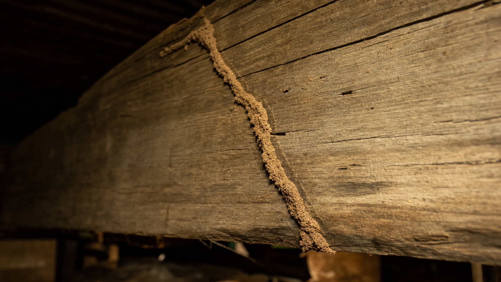 Close-up documentary photograph of a subterranean termite mud tube — a narrow earthen tunnel about a quarter-inch wide — running diagonally across a weathered wood beam beneath a raised house, illuminated by warm work-light against a dark crawlspace background