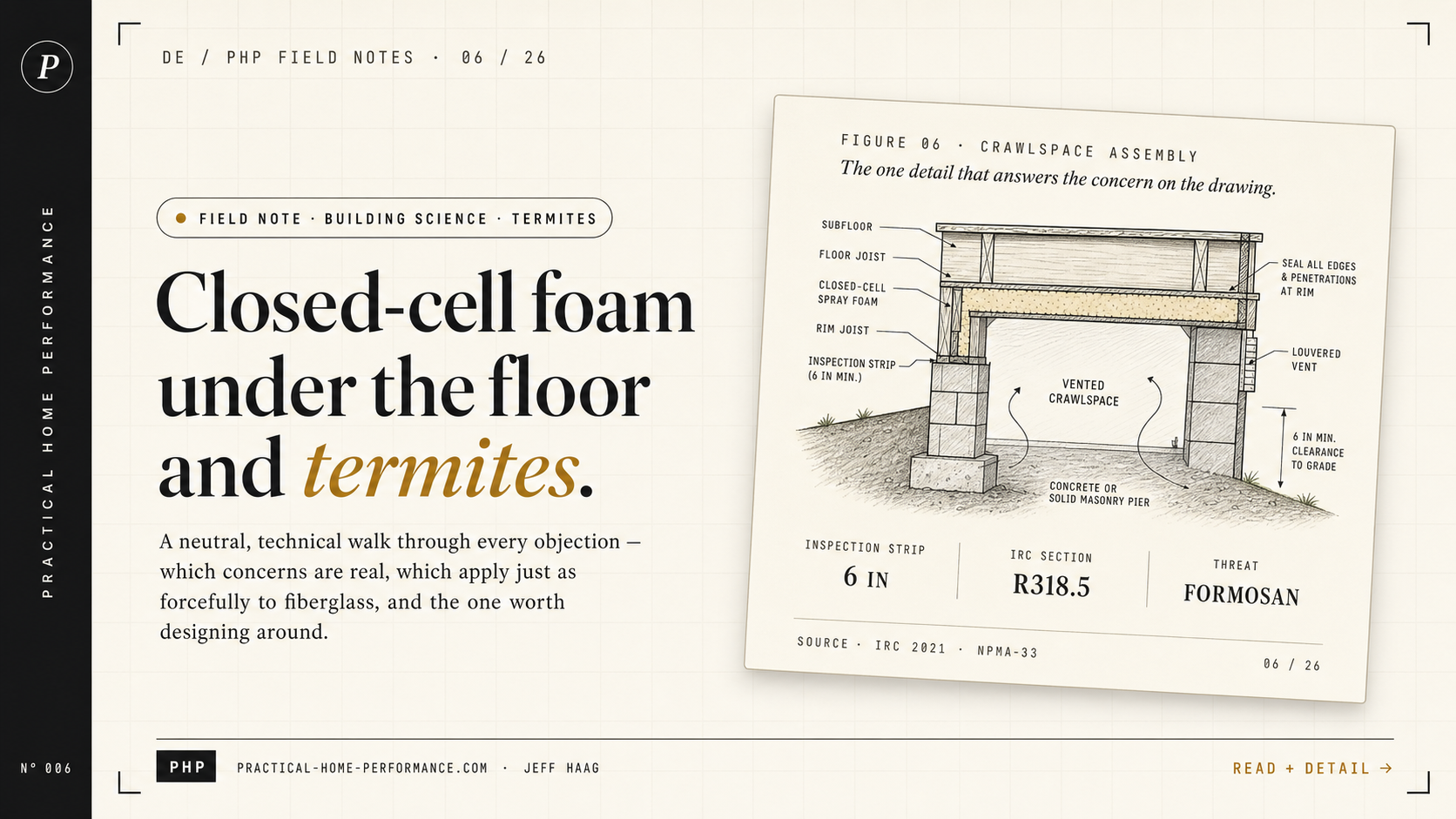 Practical Home Performance — Nº 006 Field Note card showing a Gulf South crawlspace cross-section with closed-cell spray foam on the subfloor and a visible perimeter inspection strip on the sill plate
