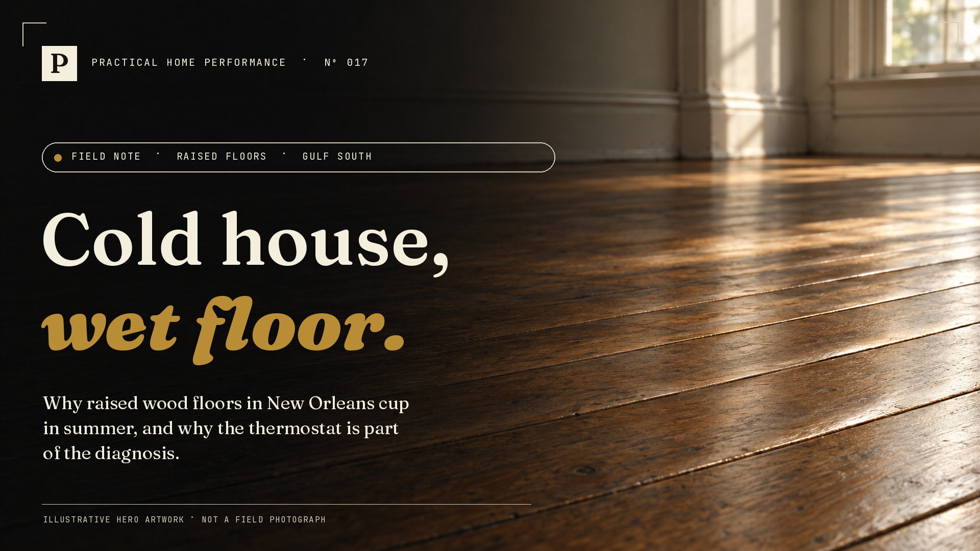 Illustrative PHP hero: Cold house, wet floor. A low-angle wood floor with subtle cupping in raking window light, with cream and gold lettering on a dark left panel.