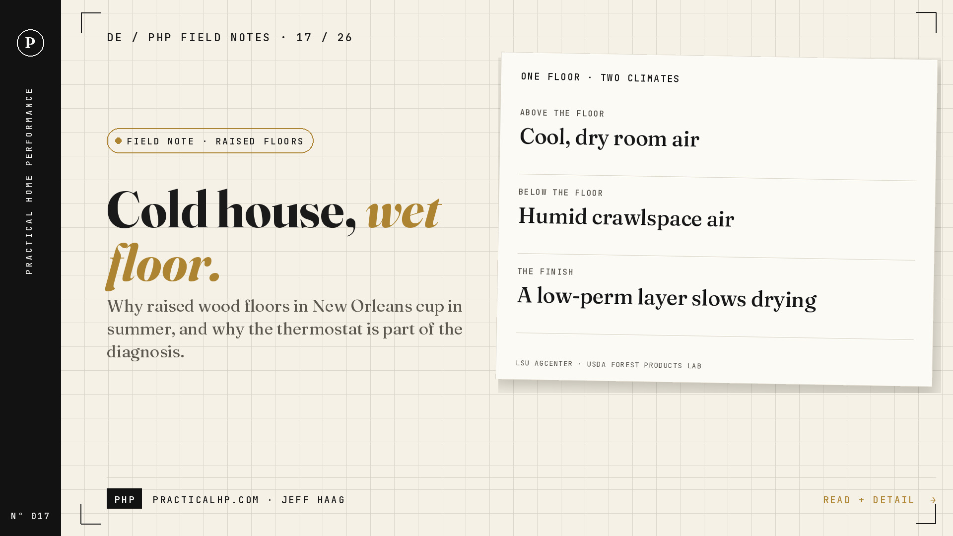 PHP Field Note Nº 017: Cold house, wet floor. The raised-floor article connects cool room air, humid crawlspace air, and a low-perm finish.