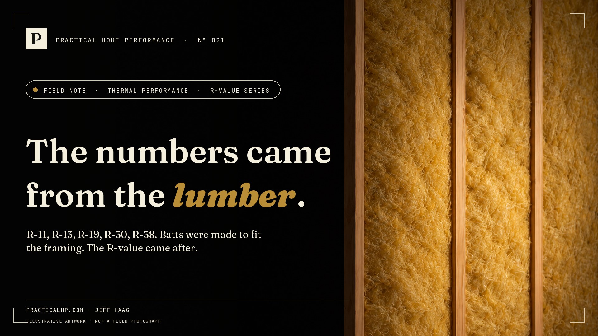 Illustrative new-construction wall: the narrow edges of pine 2×4 studs with yellow fiberglass batts filling the cavities flush with the framing, beside the title, The numbers came from the lumber.