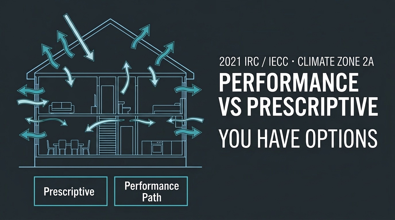 Blueprint-style house energy model comparing prescriptive vs performance path options under the 2021 IRC and IECC in Climate Zone 2A