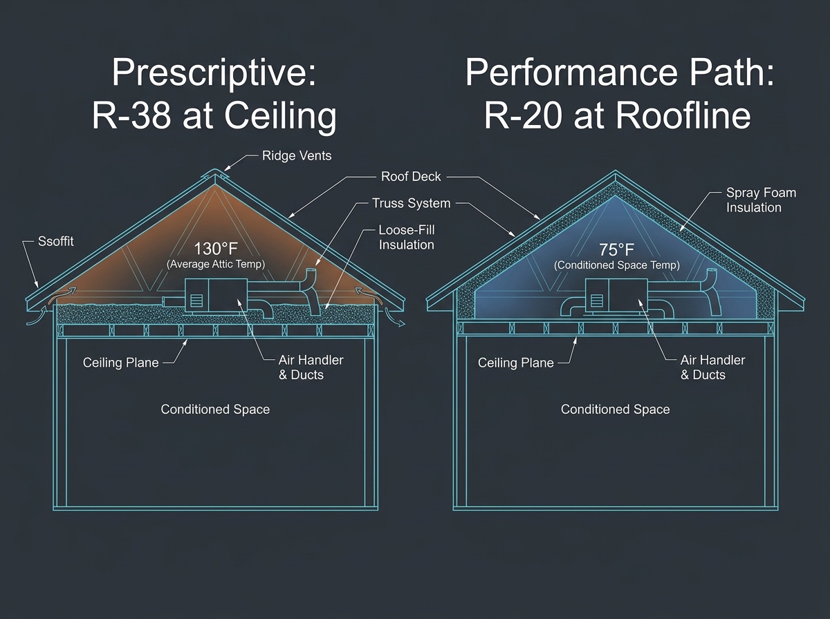 Cross-section diagram comparing R-20 open-cell or closed-cell spray foam at the roofline against R-38 fiberglass at the attic floor