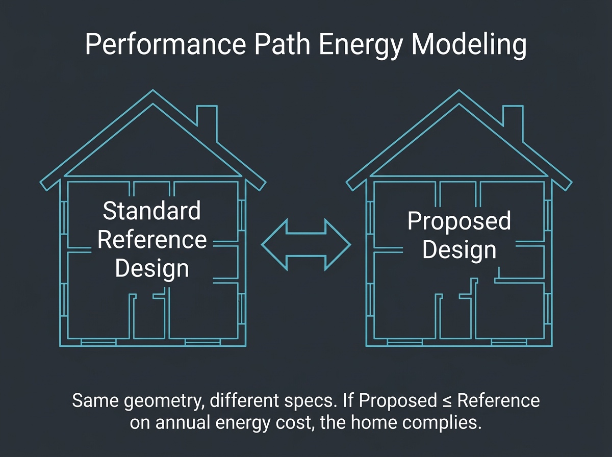 Side-by-side diagram of the standard reference design and the proposed design used in an IECC performance-path energy model