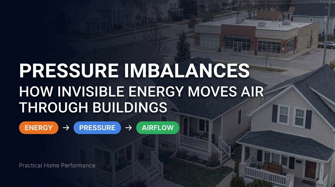 Air currents and pressure zones illustrated across a cross-section of a home