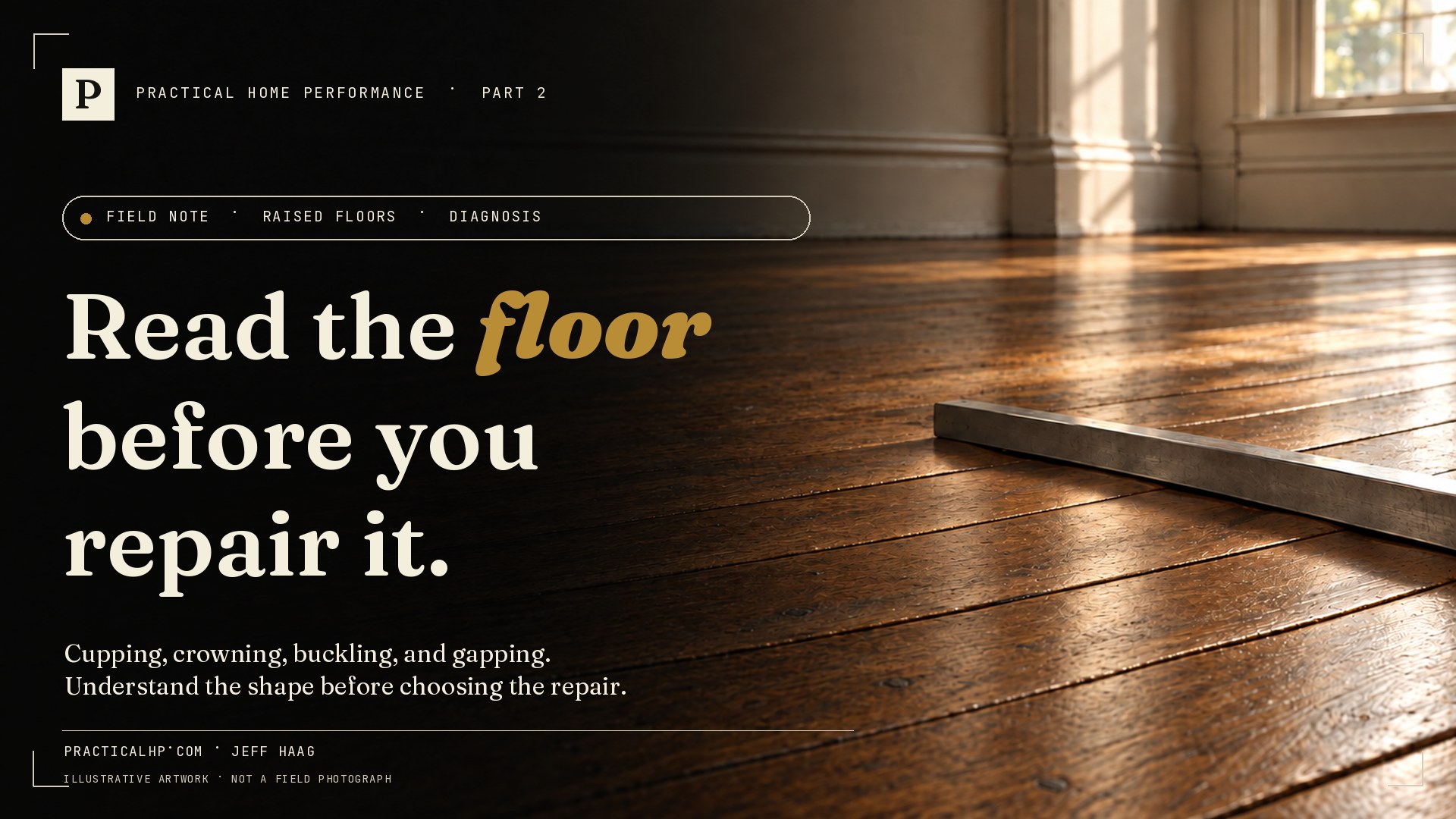 Illustrative PHP hero: Read the floor before you repair it. A steel straightedge on an aged wood floor in warm window light, with cream and brass lettering.