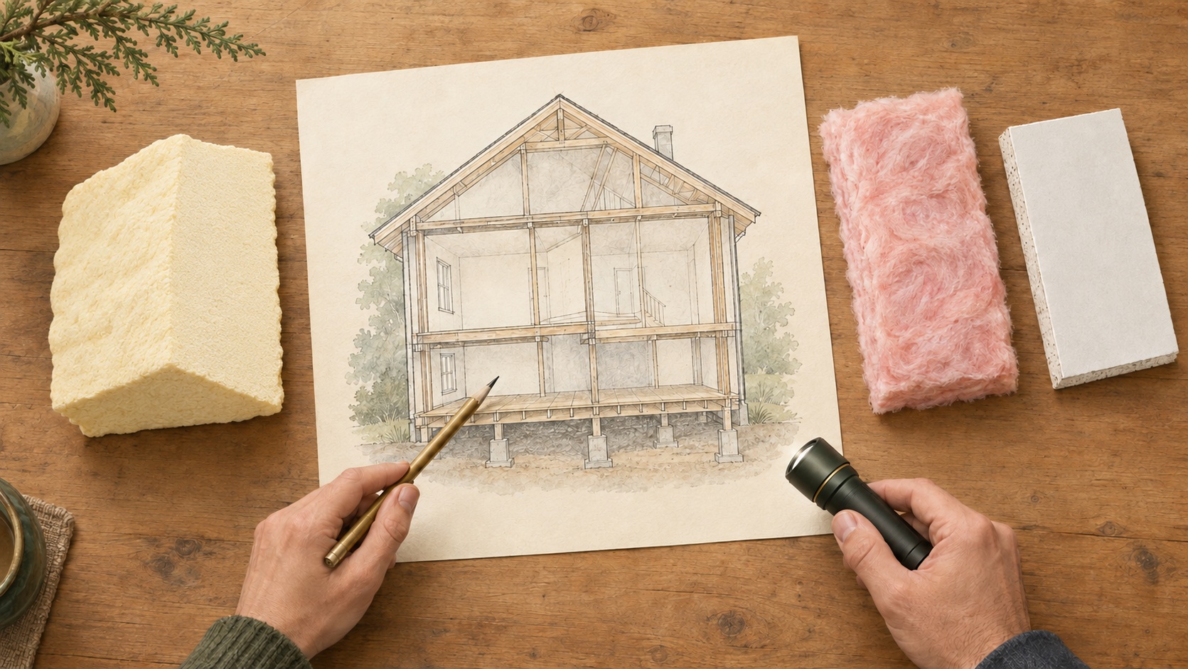 House-section drawing on a worktable beside foam, fiberglass and gypsum-board samples, with a pencil and inspection flashlight.