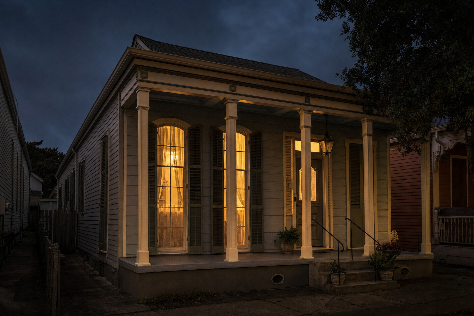 Historic New Orleans shotgun house at dusk with warm interior lighting