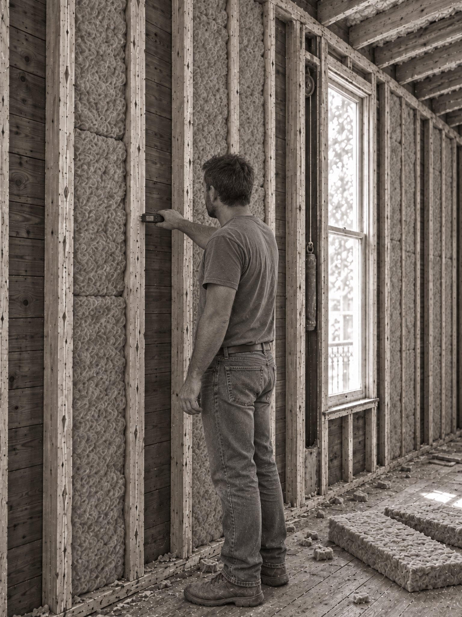 Illustration: a contractor takes a pin moisture-meter reading on an original stud in a gutted circa-1900 New Orleans shotgun house, with stone wool batts between the studs, a sash-weight window pocket, and spray foam above the open ceiling joists